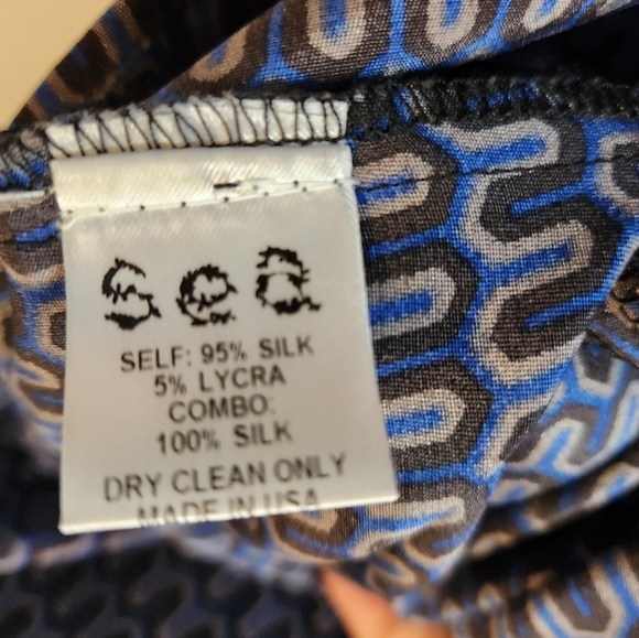 SEA New York SILK Cross Over Neck Tie Drawstring Waist LS Blue Black Dress EUC 6 - Picture 6 of 16